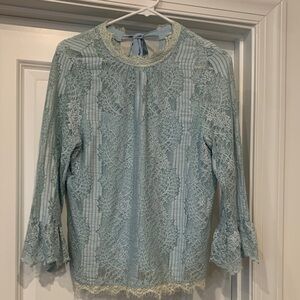 Heartloom Lace Blouse - Light Blue. Lined bow closure